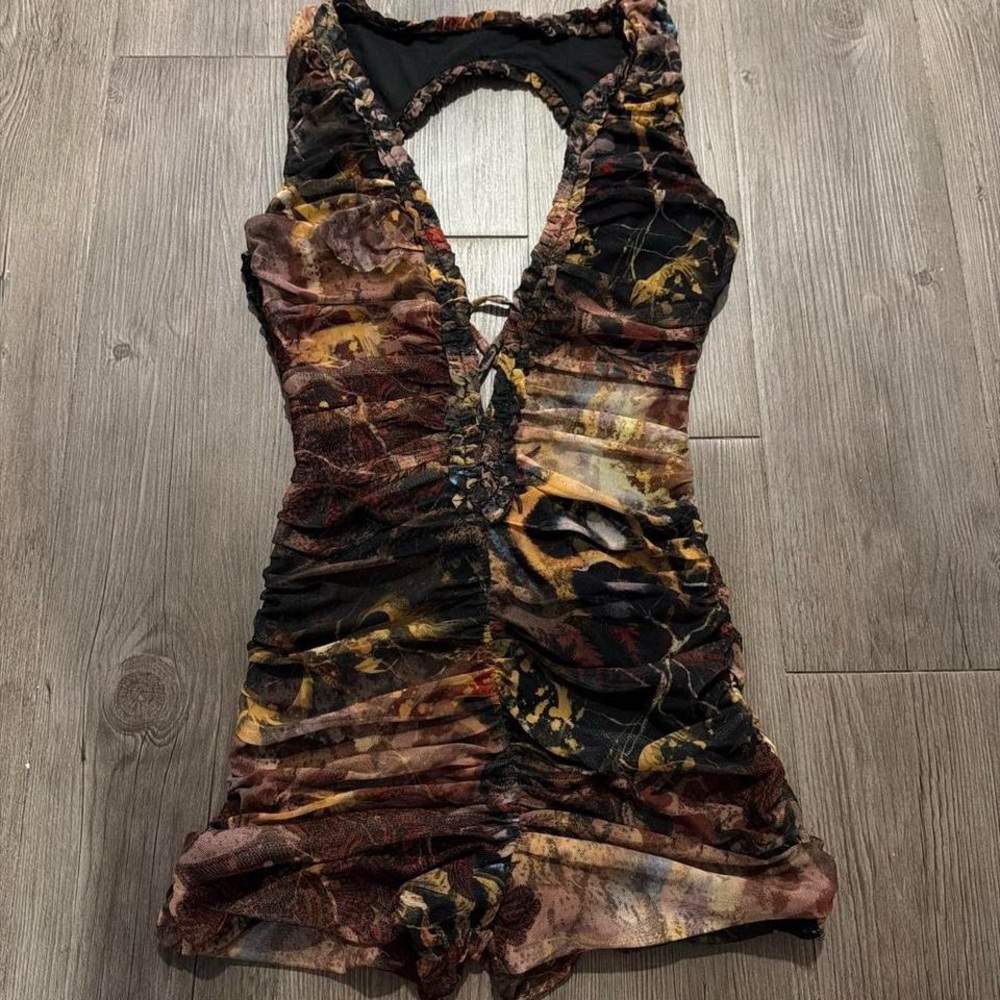 Outcast Clothing Ruched Deep V-Neck Brown Multi Print Romper